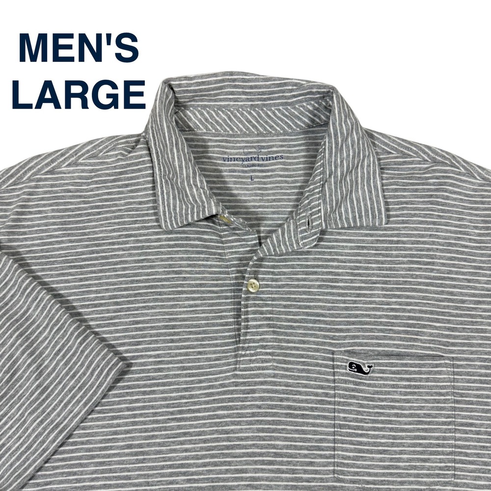 Vineyard Vines Classic Fit Men's Gray White Stripe Polo Shirt Size Large Golf‎